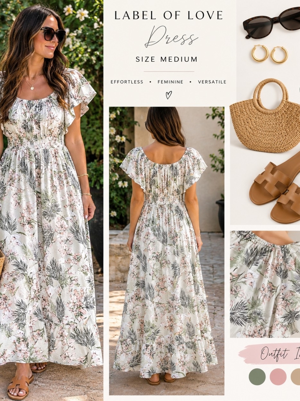 Label of Love Floral Maxi Dress in White with Green & Pink Flowy Romantic M